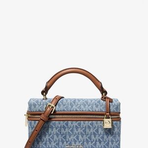 Michael Kors Blue Denim Monogram Mini Top-Handle Crossbody with Brown Trim